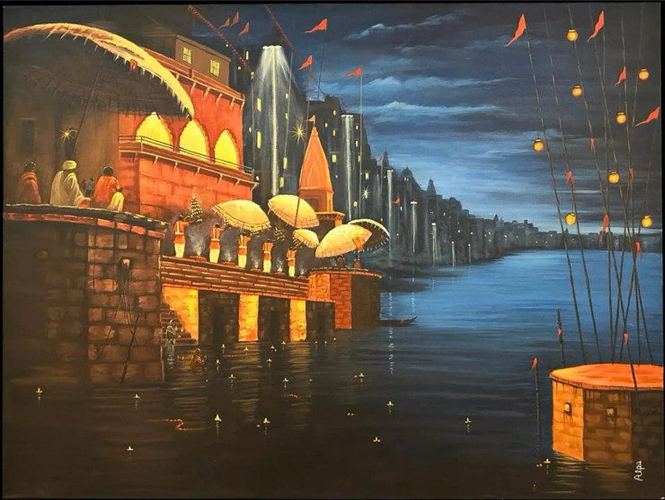 Benaras Ghat - Intricately Detailed Acrylic Painting (ART-15302-101788) - Handpainted Art Painting - 48in X 36in