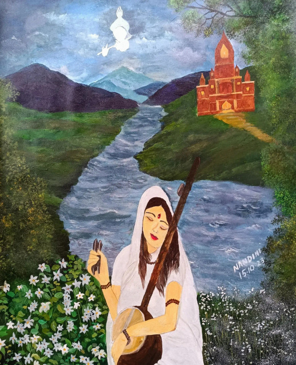 Meera Bai In The Moonlight (ART-8657-101937) - Handpainted Art Painting - 28 in X 34in