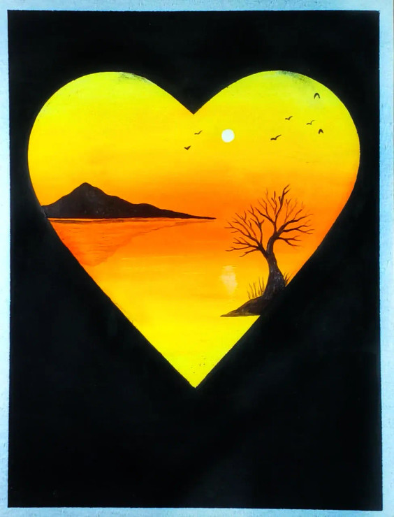 Lovely Sunrise With Heart Exposure (ART-15460-101928) - Handpainted Art Painting - 6 in X 8in