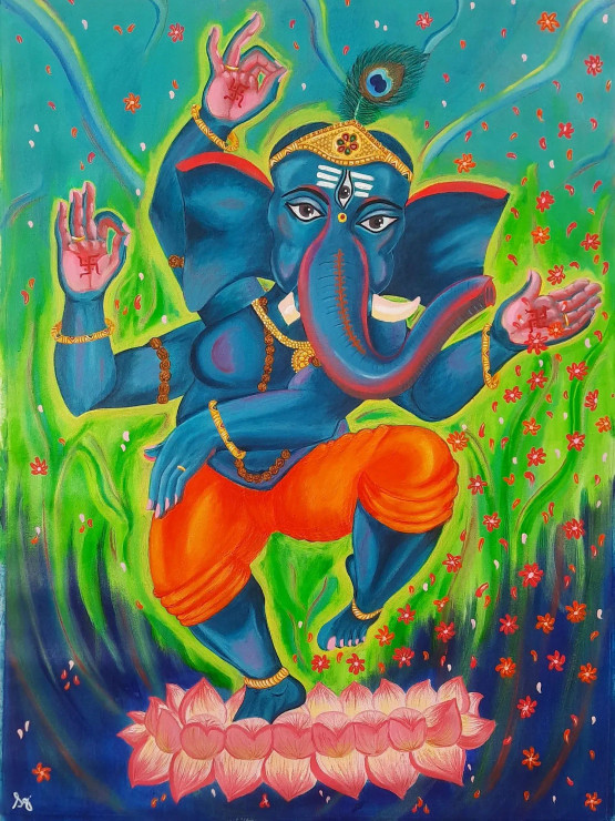 Ganesh As Tridev (ART-8835-101995) - Handpainted Art Painting - 24in X 32in