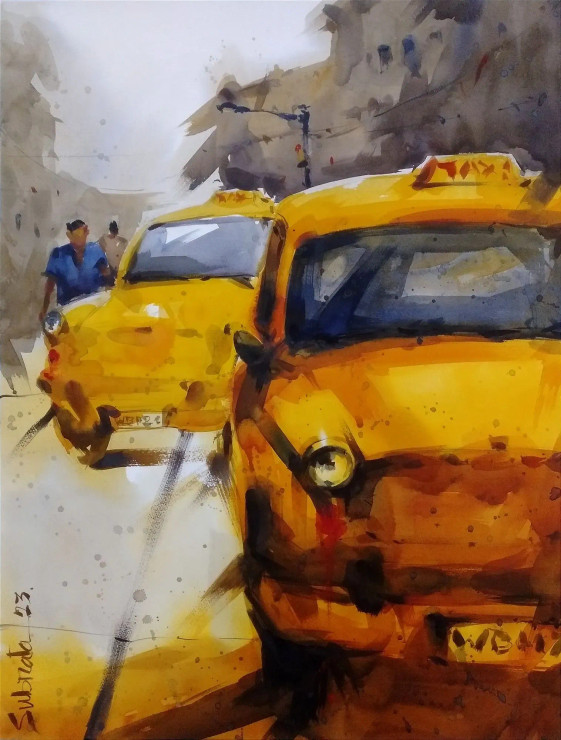 Yellow Taxi (ART-8170-102071) - Handpainted Art Painting - 21in X 28in