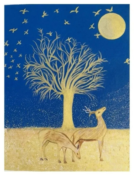 Golden Light And Deer (ART-15502-102064) - Handpainted Art Painting - 17in X 20in