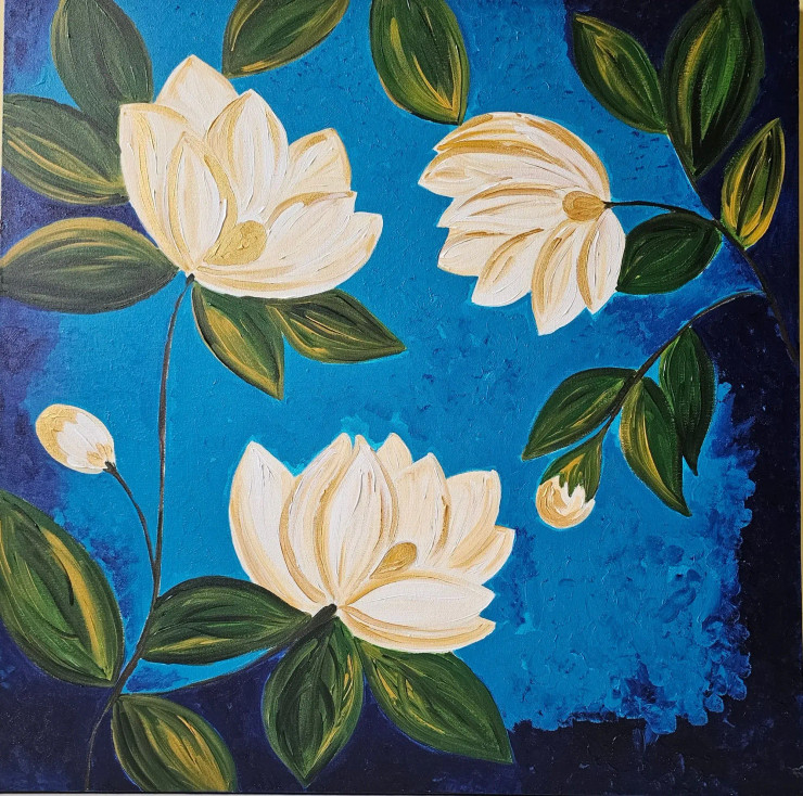 White Flowers (ART-8990-101955) - Handpainted Art Painting - 36in X 36in