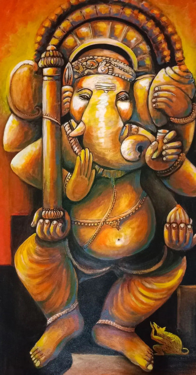 Ganesha, Vighnaharta (ART-6775-102053) - Handpainted Art Painting - 20in X 38in