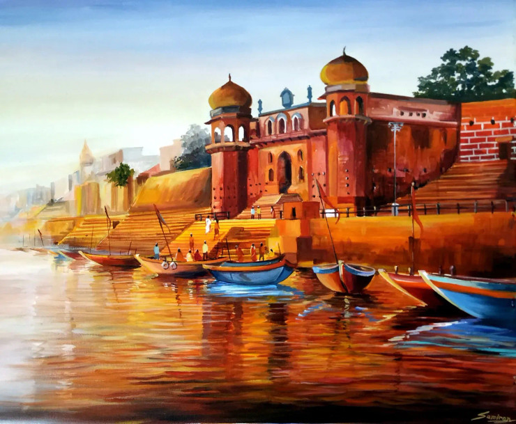 Chet Sing Ghat , Varanasi (ART-1232-102141) - Handpainted Art Painting - 36in X 30in