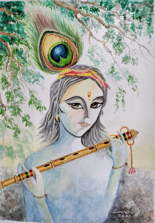 Krishna -108 (ART-7573-102168) - Handpainted Art Painting - 11in X 16in