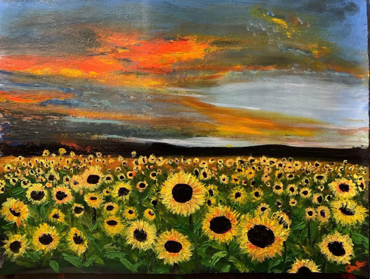SunFlower Field (ART-15571-102180) - Handpainted Art Painting - 15in X 11in