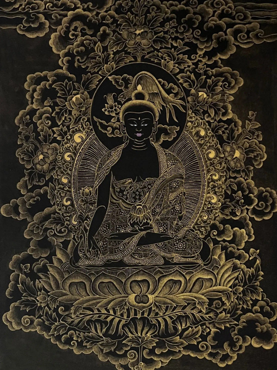 Golden Medicine Buddha (ART-8325-102239) - Handpainted Art Painting - 8in X 11in