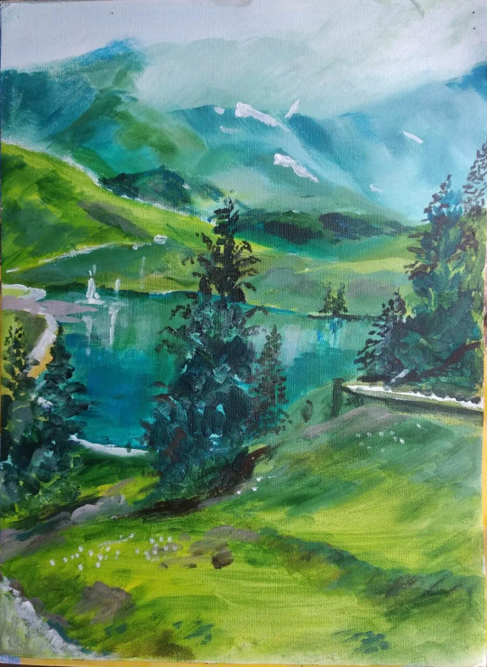 Swiss Landscape (ART-8343-102327) - Handpainted Art Painting - 12in X 16in