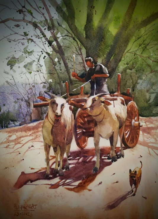 Riding Bullock Cart (ART-7393-102345) - Handpainted Art Painting - 10in X 14in