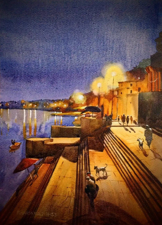 Evening At Banaras (ART-7393-102342) - Handpainted Art Painting - 10in X 14in