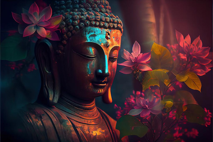 Buddha With Flowers (PRT_15870) - Canvas Art Print - 28in X 19in