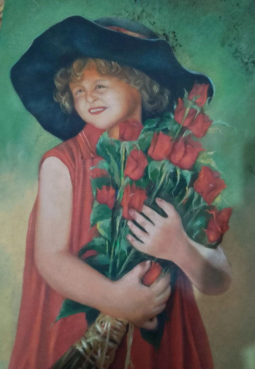 Girl With Flower (ART-15604-102580) - Handpainted Art Painting - 12in X 15in
