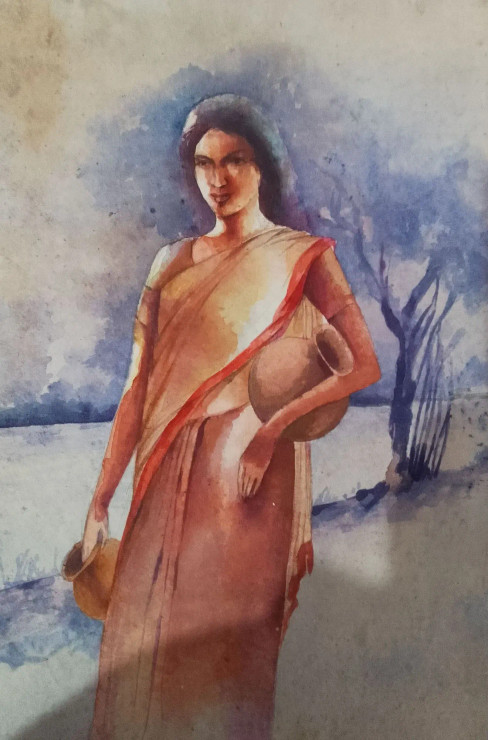 Indian Woman (ART-15604-102584) - Handpainted Art Painting - 12in X 15in