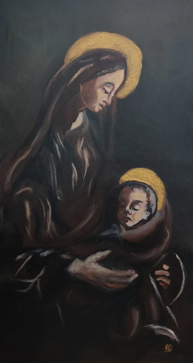 Jesus And Mary (ART-8576-102642) - Handpainted Art Painting - 20in X 36in