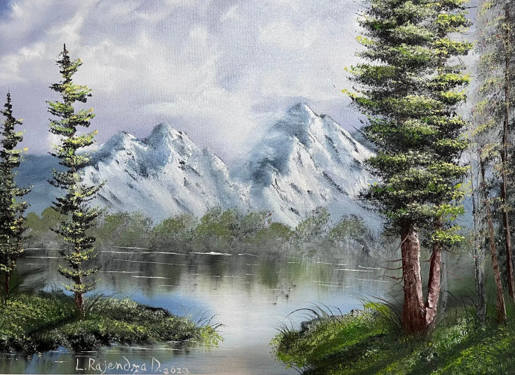 Riverside Mountain (ART-7855-102749) - Handpainted Art Painting - 24in X 18in
