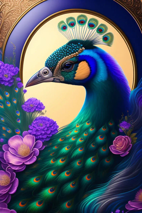 Peacock With A Purple (PRT-7809-102711) - Canvas Art Print - 8in X 12in