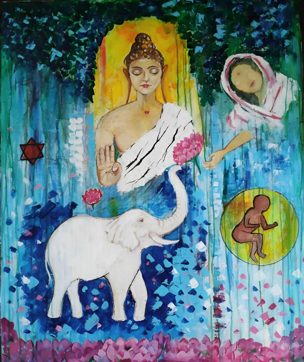 Celestial Birth: Buddha's Awakening (ART-15664-102867) - Handpainted Art Painting - 24in X 36in