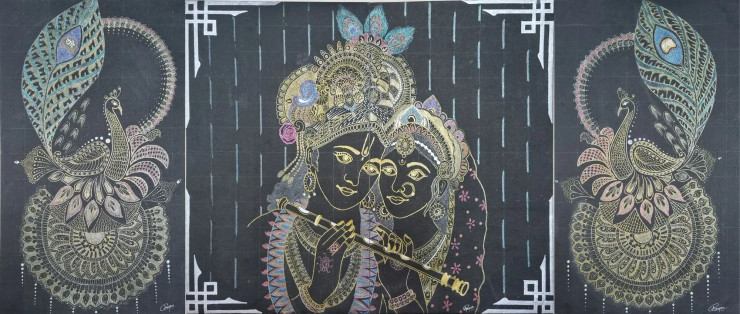 Radha Krishna Mandala Art (ART-15690-102936) - Handpainted Art Painting - 48in X 20in