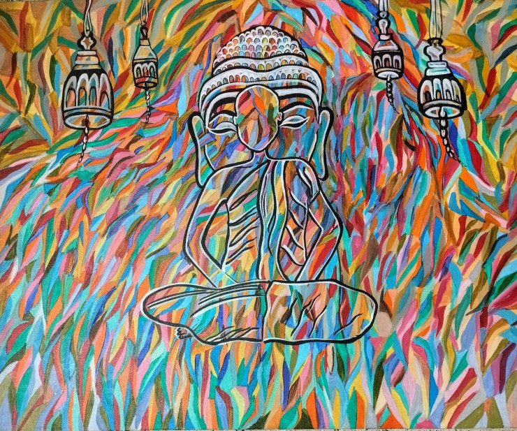 Buddha Says True Colours Of Happiness Are There Within Us. (ART-7672-102961) - Handpainted Art Painting - 36in X 30in