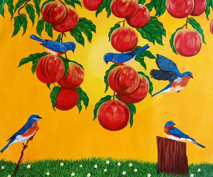 Blue Birds On A Fruit Tree (ART-15598-102989) - Handpainted Art Painting - 28in X 23in