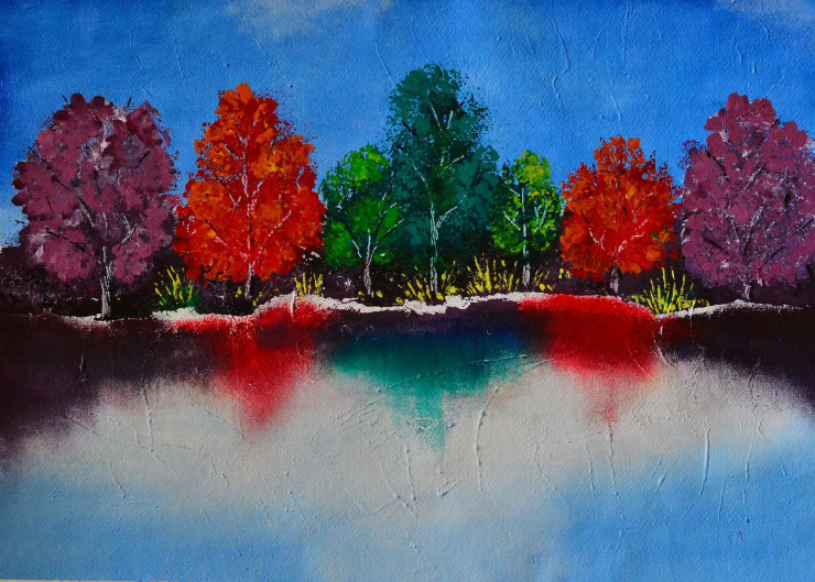 Beautiful Nature Trees, Landscape, Abstract, Vibrant Color Painting. -165 (ART-15639-102988) - Handpainted Art Painting - 28in X 20in