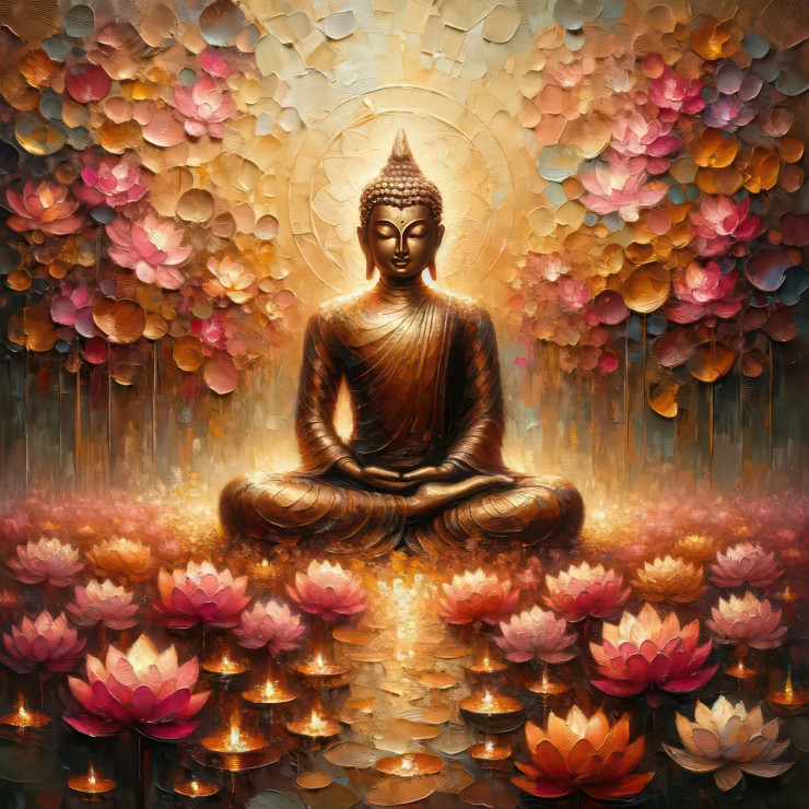 Enlightenment Blooms: Buddha Amidst Lotus Flowers (PRT-15697-102993) - Canvas Art Print - 24in X 24in