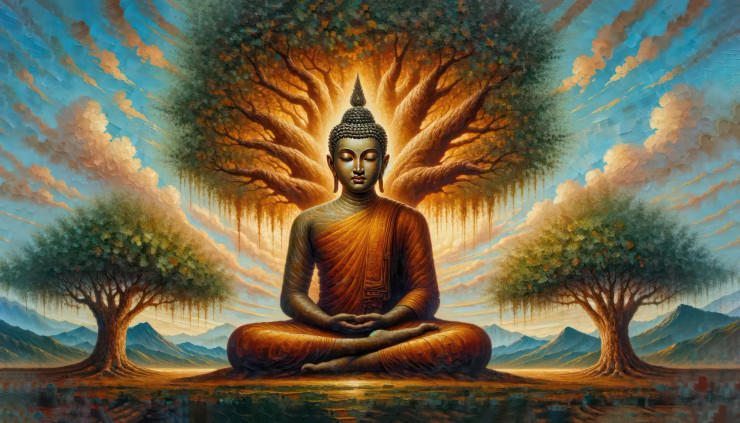 Divine Enlightenment: Buddha Beneath The Bodhi Tree (PRT-15697-102992) - Canvas Art Print - 60in X 34in