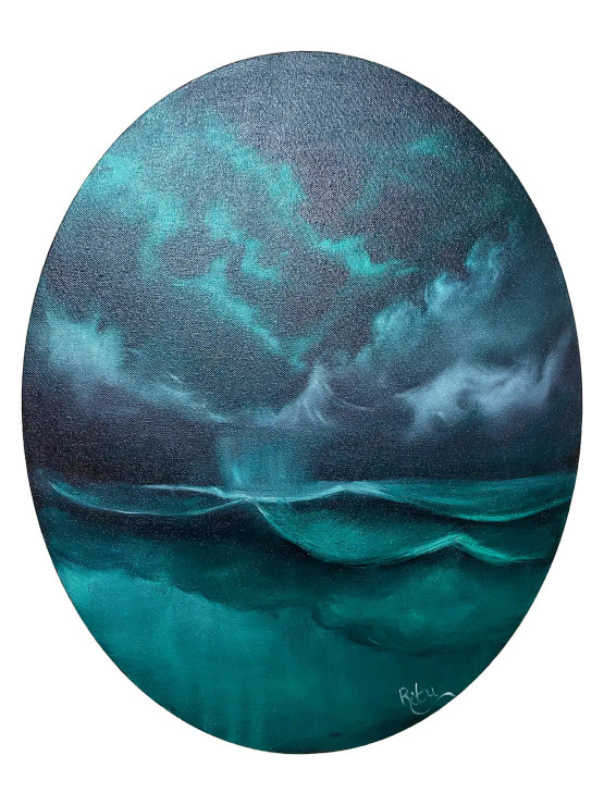 Ocean With Northern Lights (ART-15718-103037) - Handpainted Art Painting - 16in X 20in