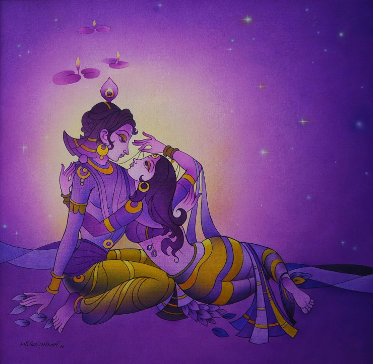 Radha Krishna Premlila In Violet Col. (ART-15659-103043) - Handpainted Art Painting - 32in X 32in