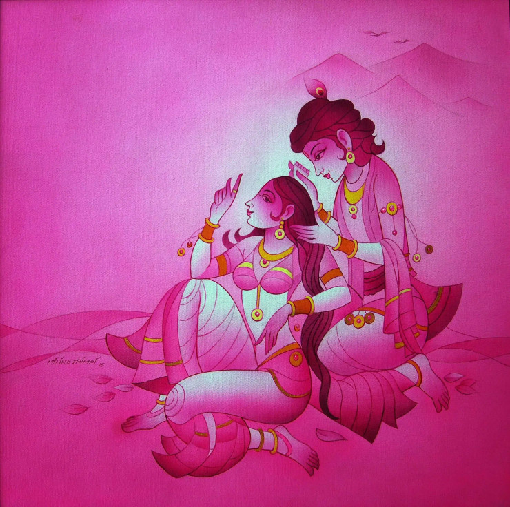 Radha Krishna Premlila In Pink Col. (ART-15659-103041) - Handpainted Art Painting - 32in X 32in