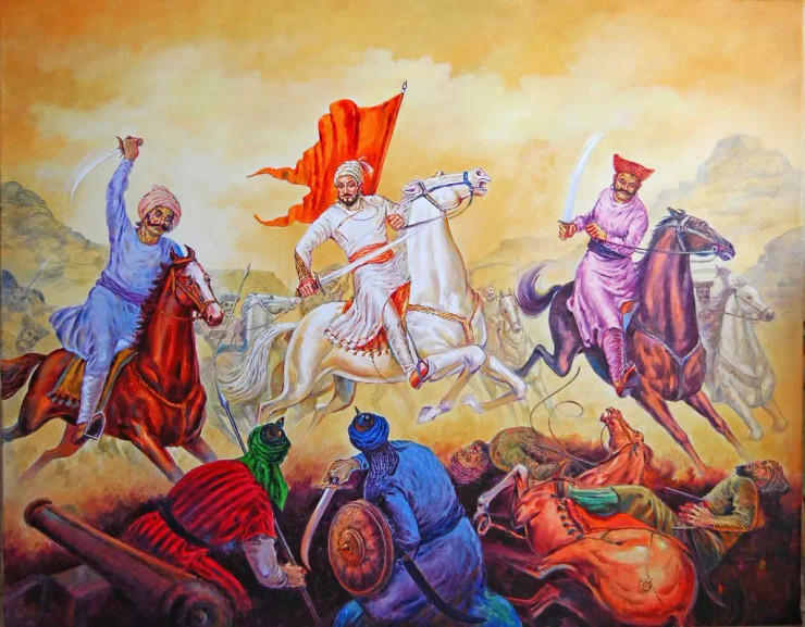 Shivaji Maharaj Battle In Ground (ART-15659-103032) - Handpainted Art Painting - 60in X 48in