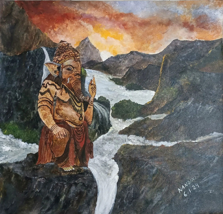 Lord Ganesha In The Mountains (ART-8657-103036) - Handpainted Art Painting - 27in X 26in