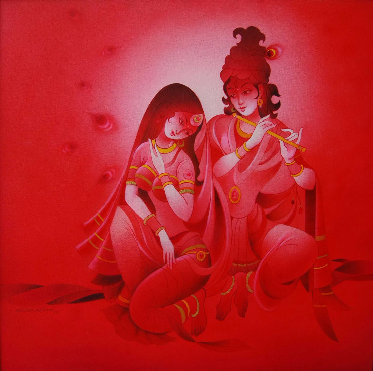 Radha Krishna Premlila In Red Col. (ART-15659-103038) - Handpainted Art Painting - 32in X 32in