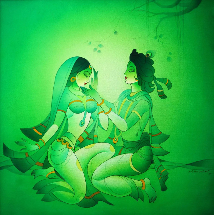 Radha Krishna Premlila In Green Col. (ART-15659-103039) - Handpainted Art Painting - 32in X 32in