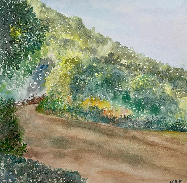 A Road Through Forest (ART-8841-103061) - Handpainted Art Painting - 11in X 11in
