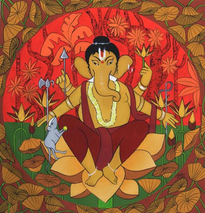 Vignaharata (ART-3324-103081) - Handpainted Art Painting - 35in X 35in