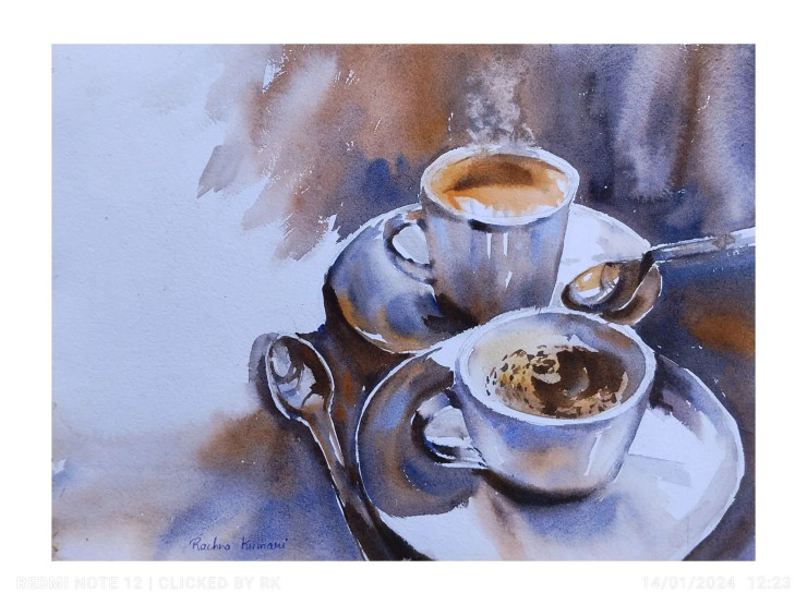 "Whispers Of Morning Brew"/ Watercolor Painting (ART-7389-103165) - Handpainted Art Painting - 14in X 11in