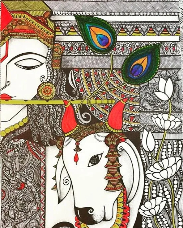 Lord Krishna (ART-15745-103145) - Handpainted Art Painting - 19in X 27in