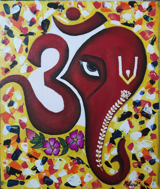 Ganesha (ART-15683-103178) - Handpainted Art Painting - 10in X 12in
