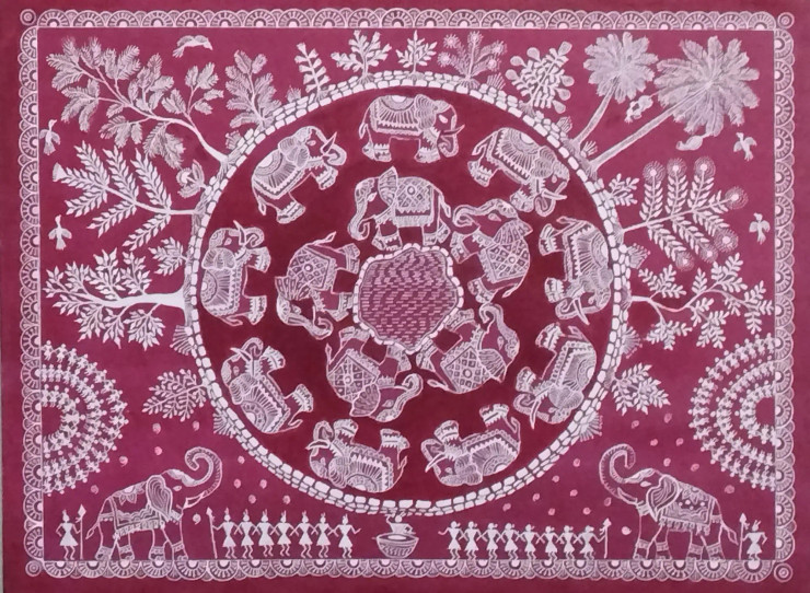 Celebration In Elephant Village (ART-15381-103196) - Handpainted Art Painting - 24in X 16in