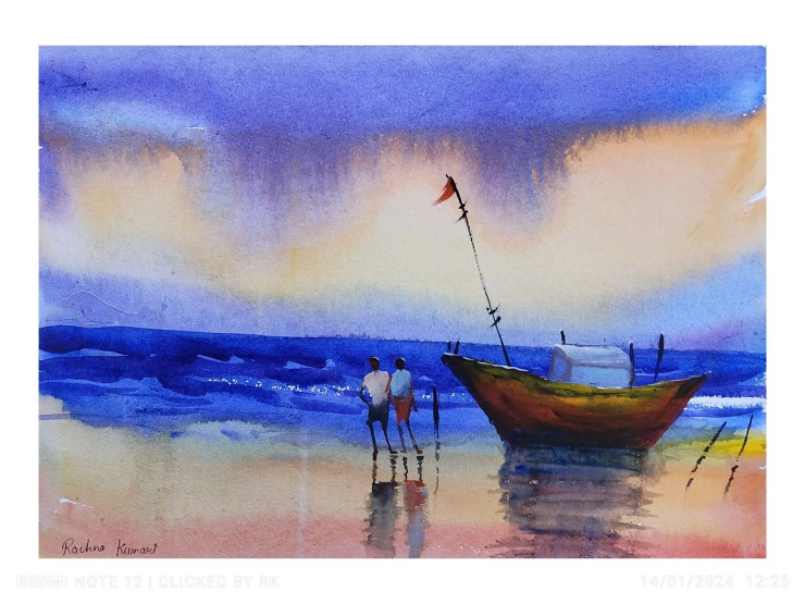 "Sailing Serenity" (ART-7389-103169) - Handpainted Art Painting - 15in X 11in