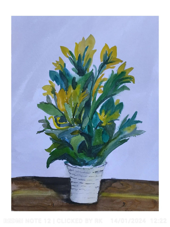 "Watercolor Painting Of Vase And Flower" (ART-7389-103167) - Handpainted Art Painting - 9in X 13in