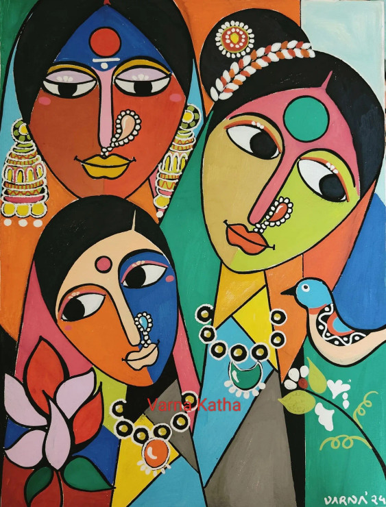 Three Maharashtrian Ladies (ART-8079-103203) - Handpainted Art Painting - 18in X 24in