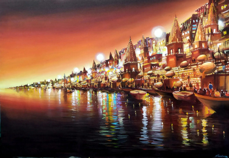 Festival Night Varanasi (ART-1232-103246) - Handpainted Art Painting - 43in X 30in