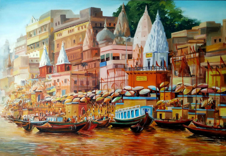 Colorful Morning Varanasi Ghats (ART-1232-103245) - Handpainted Art Painting - 43in X 30in