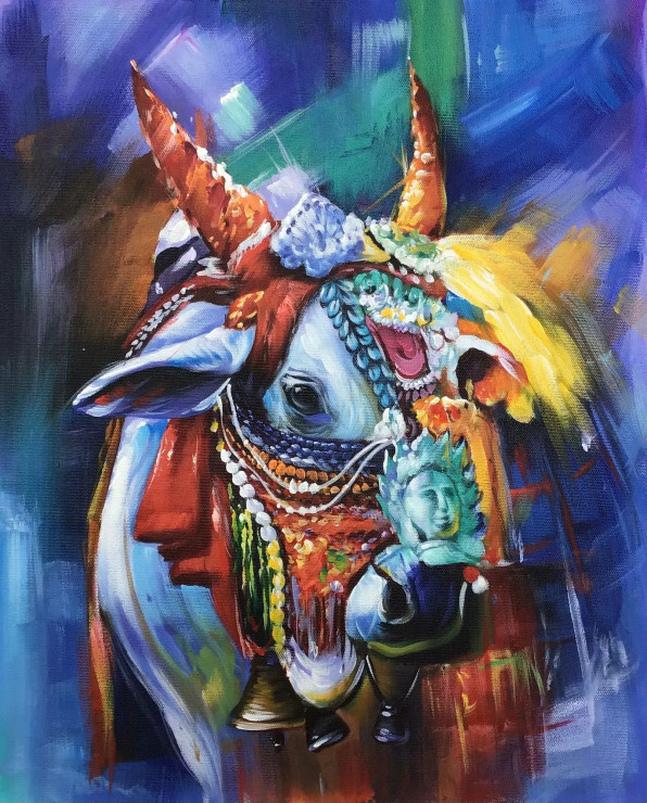 Nandi Ji Painting (ART-6706-103303) - Handpainted Art Painting - 24in X 30in