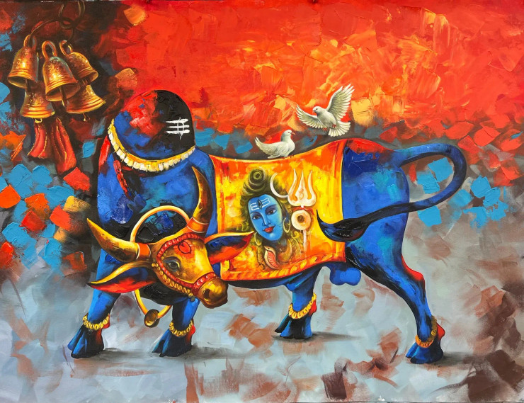 Lord Shiva Painting (ART-6706-103296) - Handpainted Art Painting - 52in X 36in