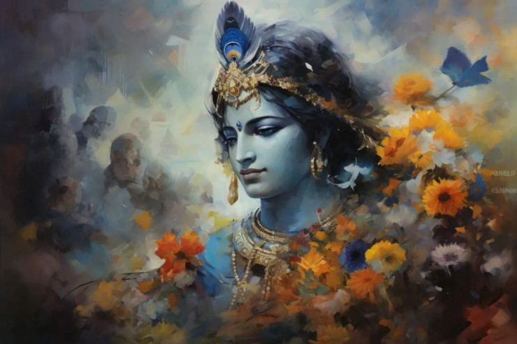 Krishna Painting (PRT-7809-103325) - Canvas Art Print - 12in X 8in