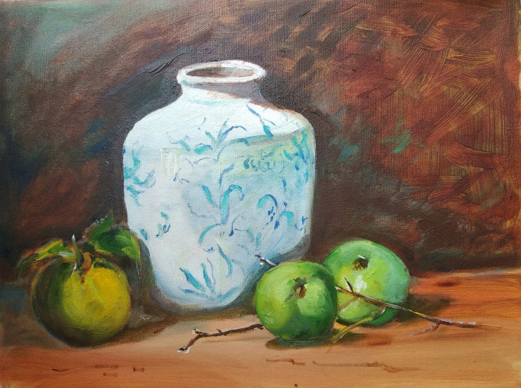 White Vase And Green Apples (ART-8343-103321) - Handpainted Art Painting - 16in X 12in